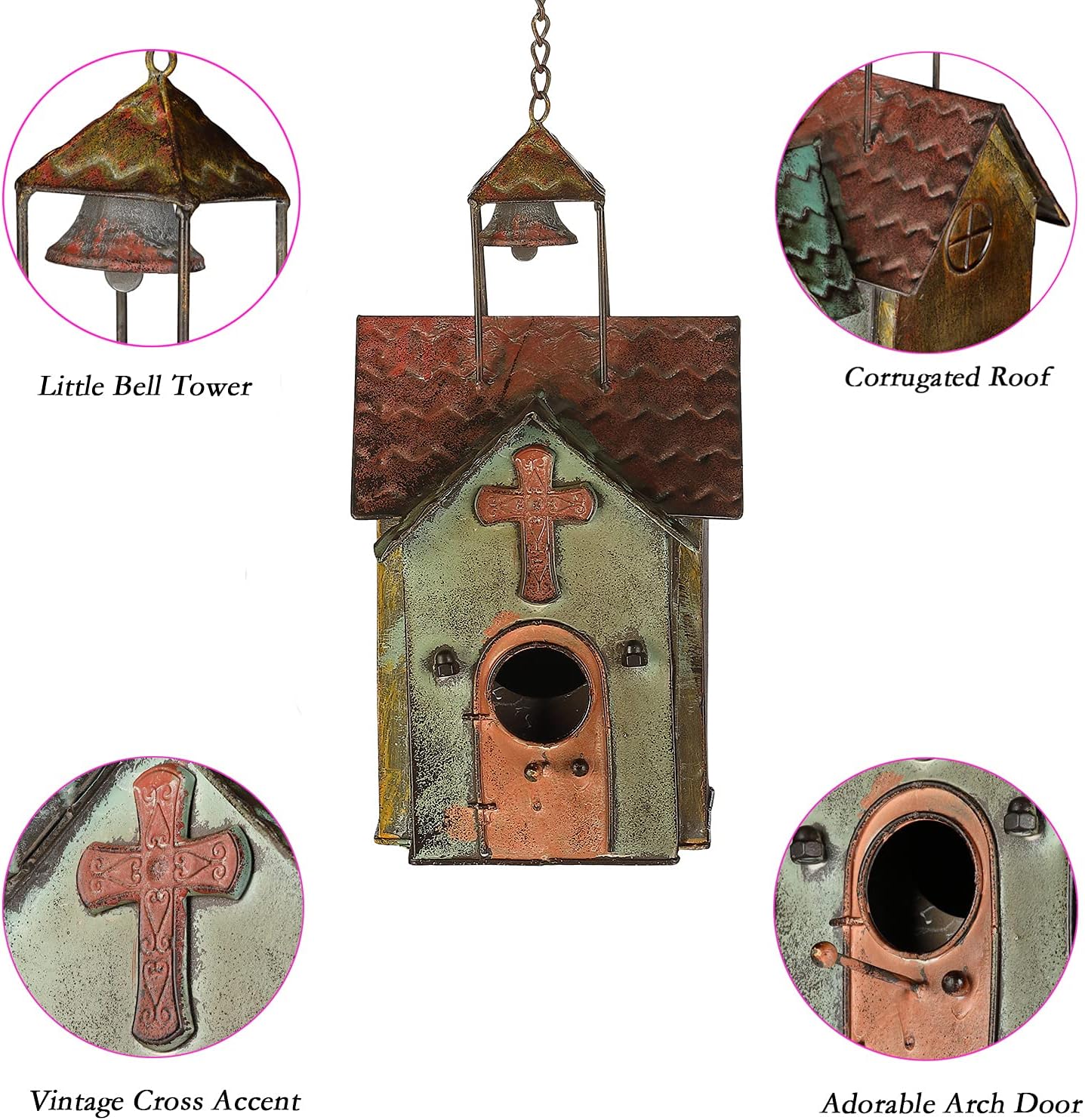 Bird Houses for Outside, Metal Hanging Church Birdhouse