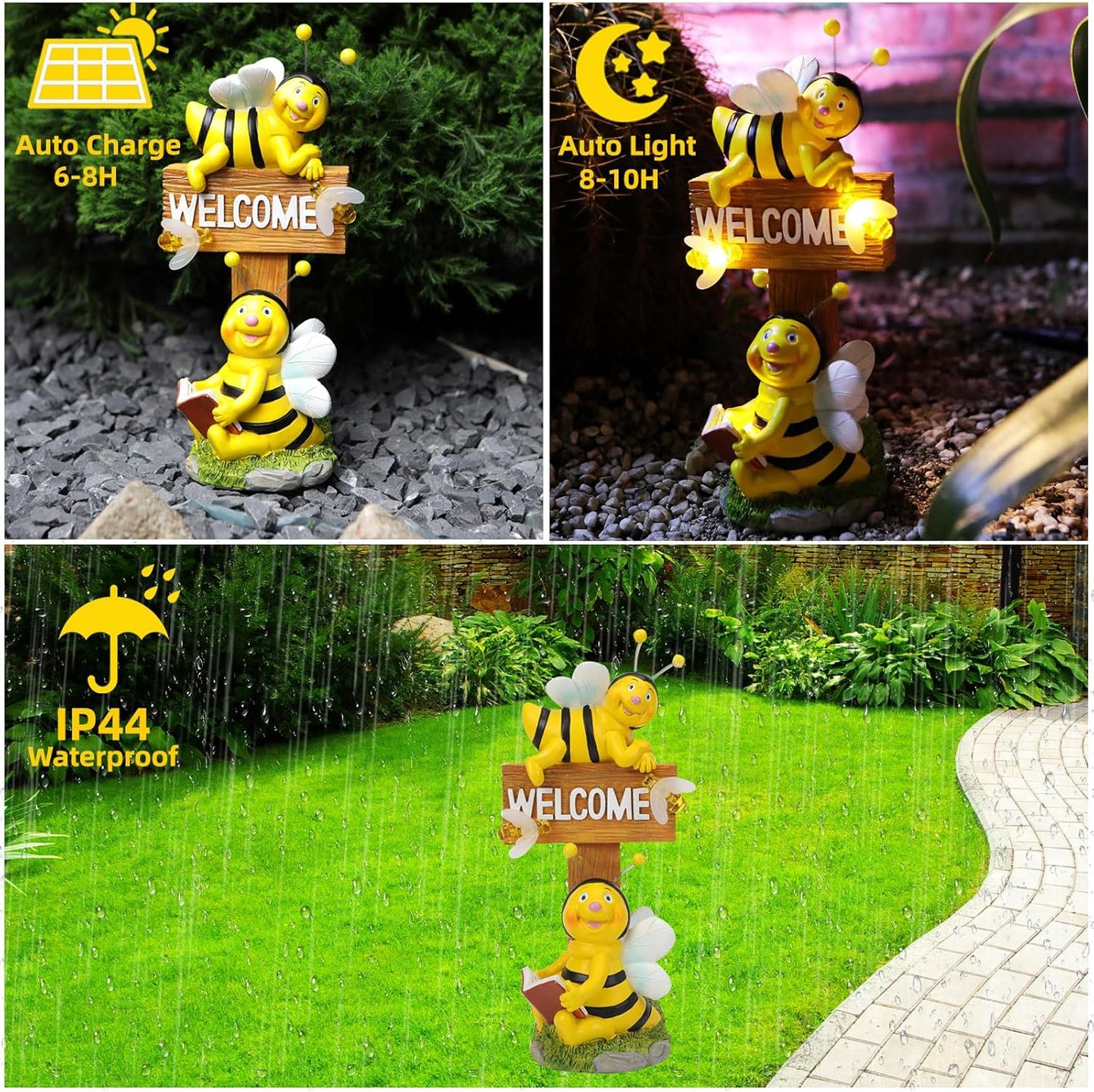 AVEKI Solar Garden Bee Statues Outdoor Decor Welcome Board Porch Decorations with Solar Light Waterproof Garden Decor for Yard Art Lawn Patio Balcony Women Garden Gifts for Mom Grandma