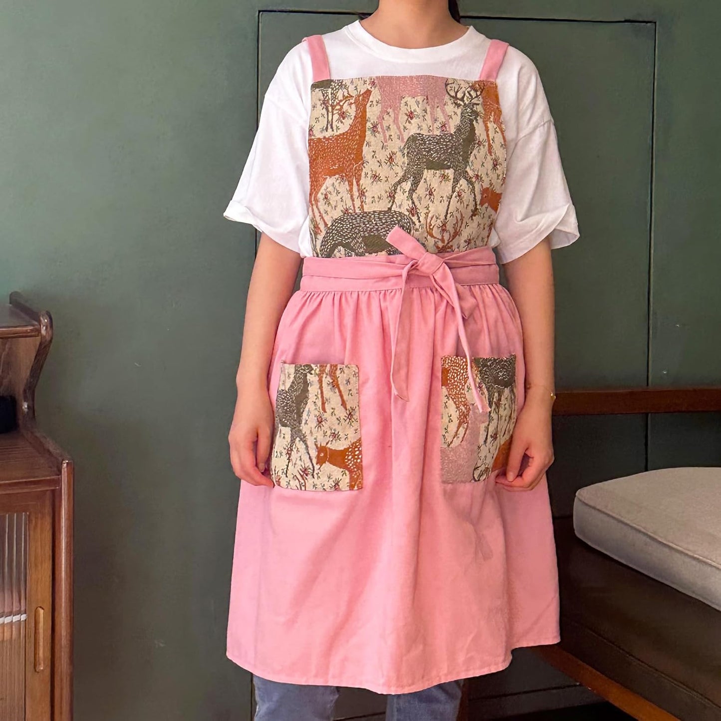 Kitchen Apron with Pockets, Womens Pinafore Dress, Floral Apron for Cooking Gardening, Gift for Mom, Wife, Girlfriend