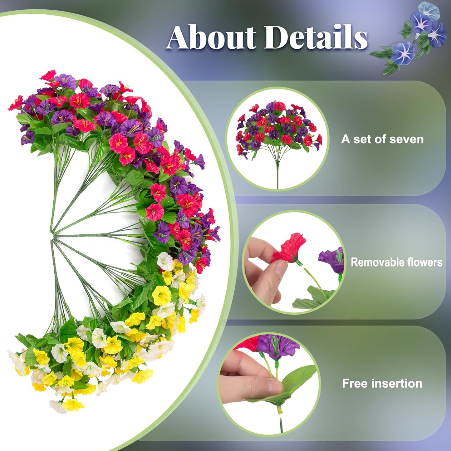 Artificial Fake Hanging Flowers with Basket, Faux Silk Morning Glory Flower Arrangement for Spring Summer Decor, Hanging Plant for Patio Garden Porch Outdoor Decor