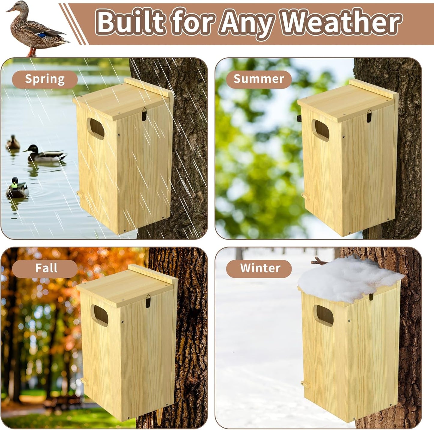 Duck House, Solid Wood Duck Houses for Outside, Included Hanging Rope, Outdoor Duck Nesting Box for Pond, 22" H x 10" D x 10" W, Nesting Pads Not Included