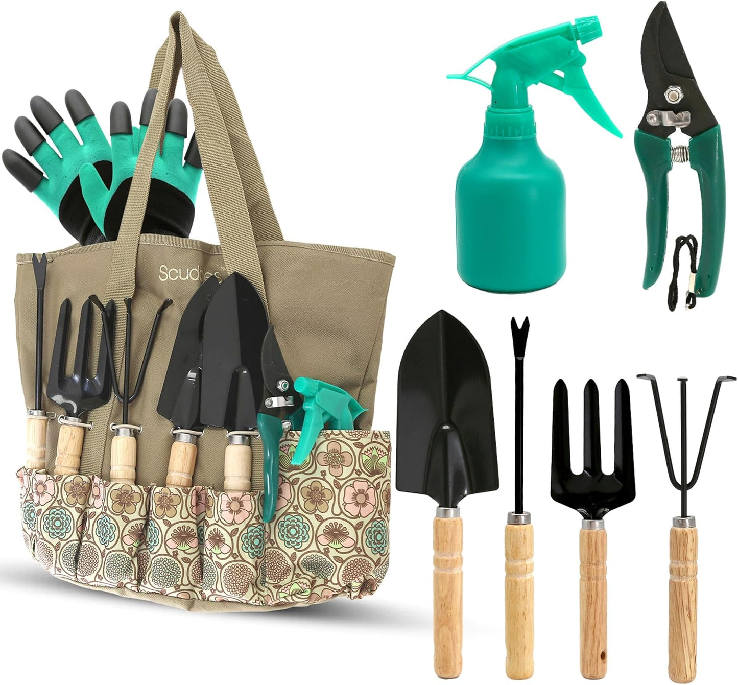 Scuddles All-in-One Gardening Tool Set with Large Storage Tote – Durable, Rust-Resistant Hand Tools with Ergonomic Grip for Digging, Weeding & Planting – Ideal Garden Gift for Women, Men & Beginners