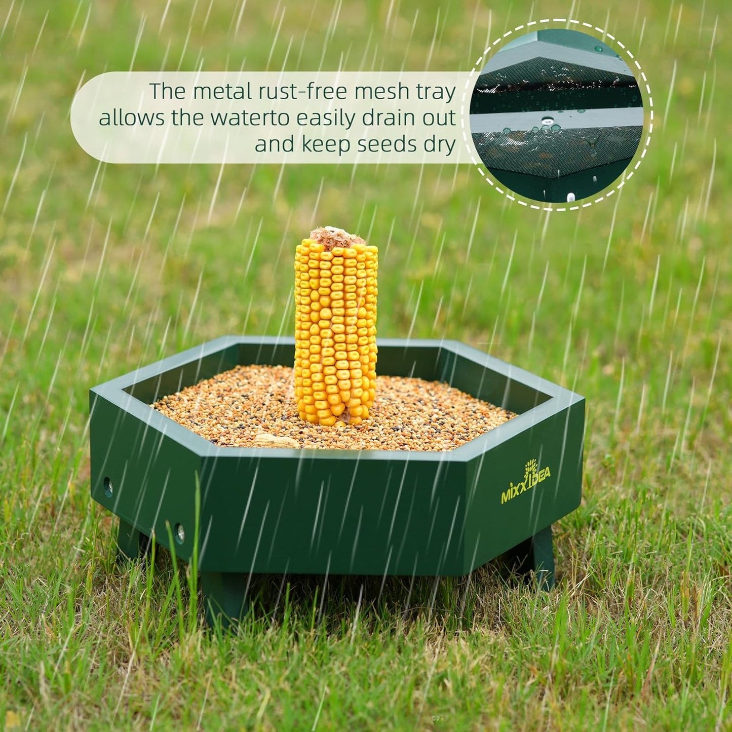 MIXXIDEA Ground Bird Feeder for Outdoors, Wooden Mesh Seed Tray for Bird Feeders, Great Attracting Garden Yard Decoration for Wild Birds Squirrels Chicken Dove, Green