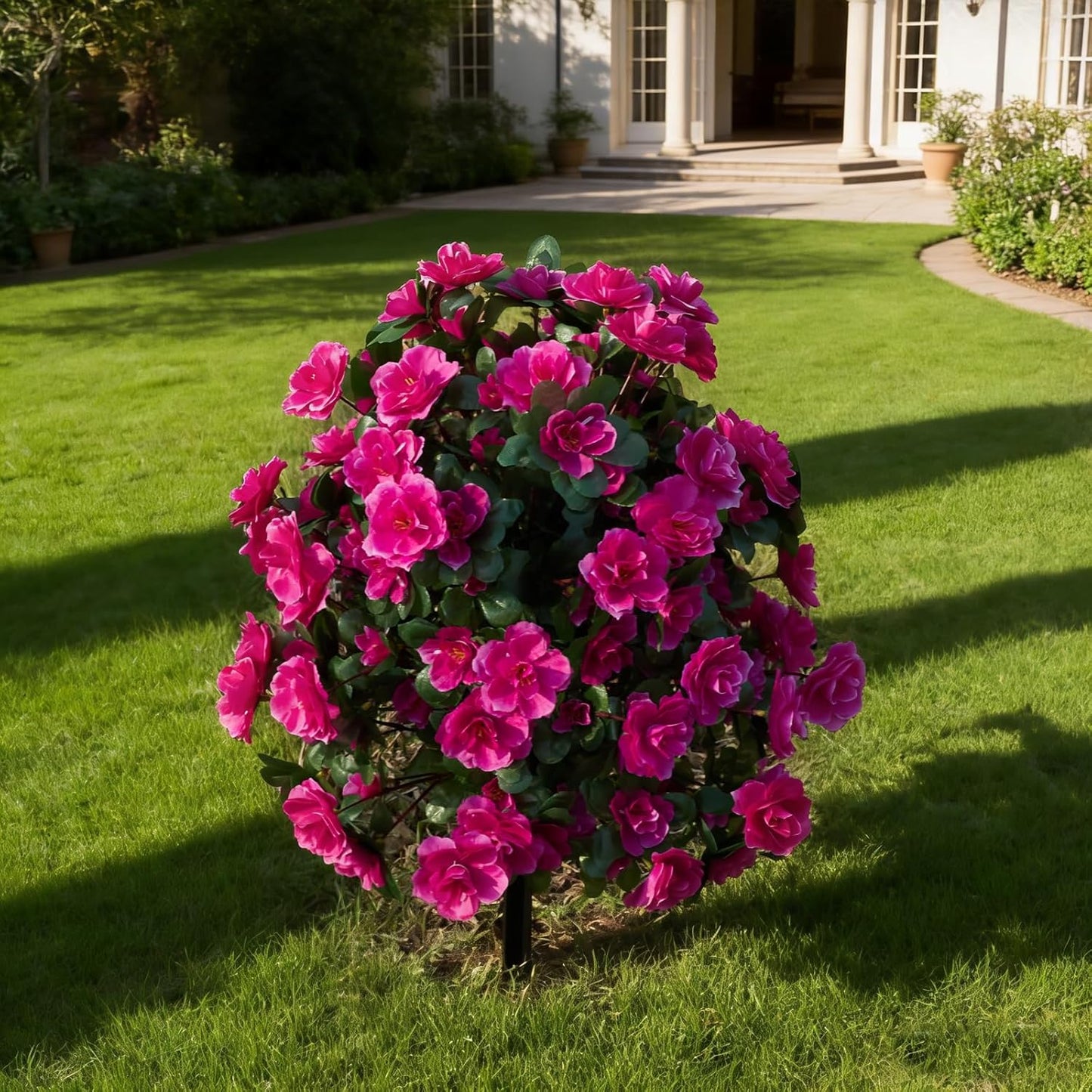 Artificial Silk Flowers Azalea for Outdoor with Ground Spike, Spring Summer 23" Faux Floral Topiaries Ball Bushes Shrubs for Home Garden Yard Patio Decor UV Resistant (Purple)