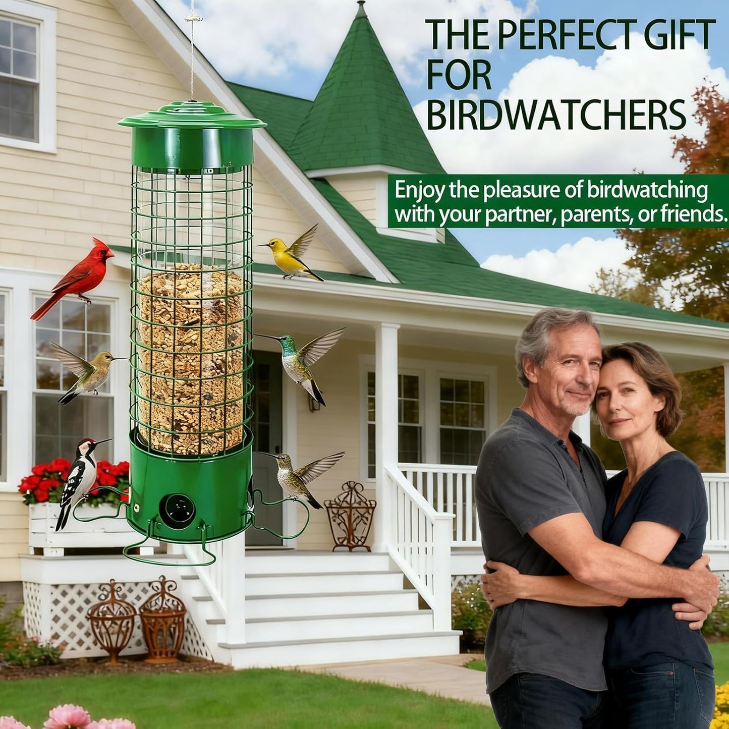 Squirrel-Proof Outdoor Bird Feeder Weight-Activated Squirrel-Proof Bird Feeder 33.5 inches Tall Wide-Mouth Design Green (Green)