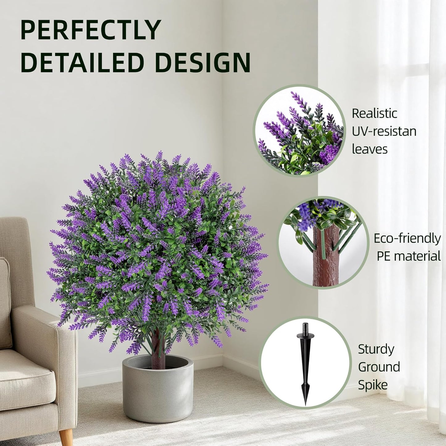 QCQHDU Artificial Lavender Topiary Ball Bush for Outdoor,26.3" Fake Trees Evergreen Plants with Ground Spike,UV Resistant Faux Shrubs for Indoor,Garden,Yard,Front Porch,Patio,Office Decor,2 Pack