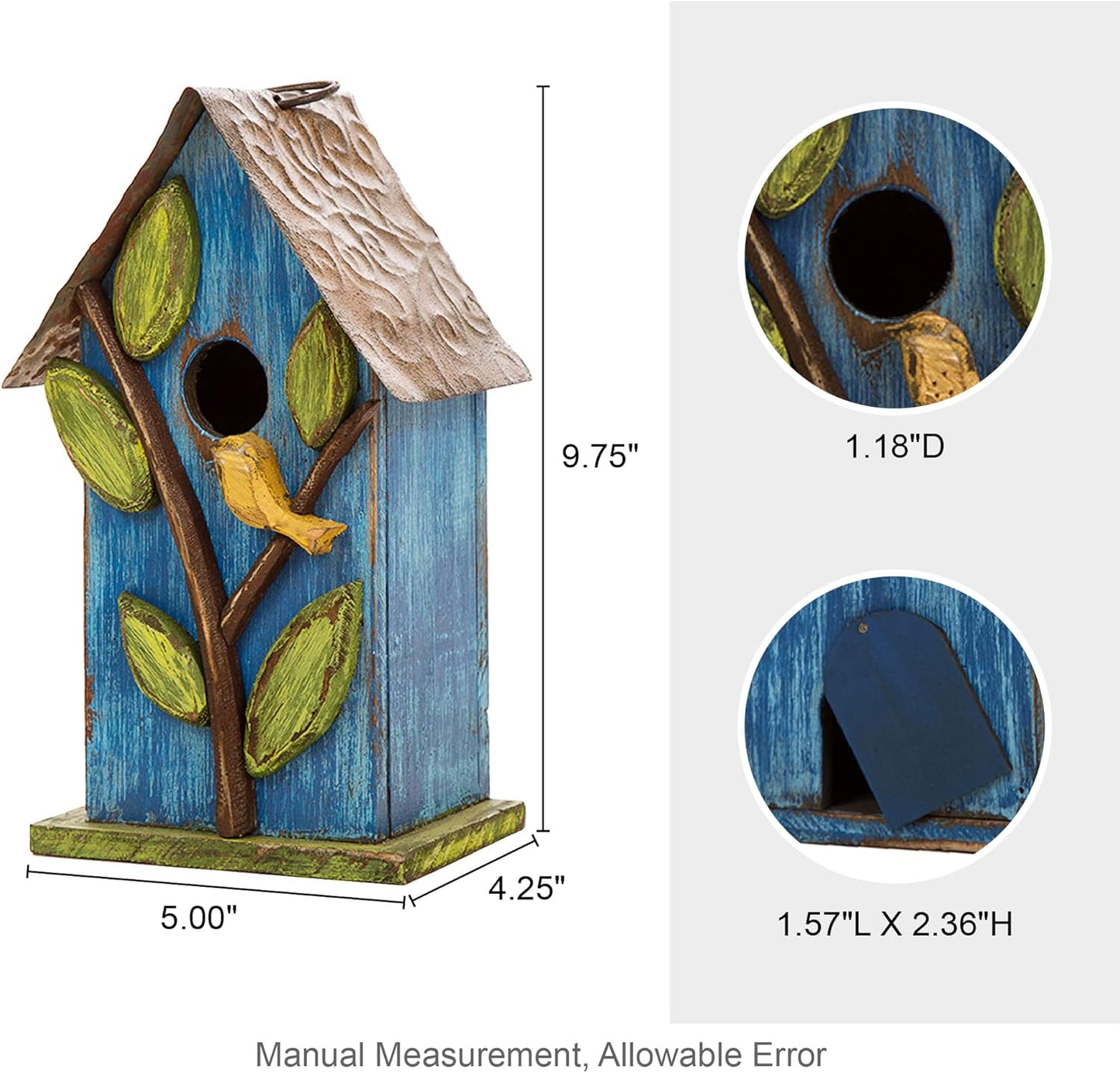 Glitzhome Bird Houses for Outside, 9.7" H Hanging Bird House for Outdoor, Patio Garden Decorative Pet Cottage Distressed Wooden Birdhouse for Bluebird Hummingbird Wren Finch Cardinals, Blue Leaves