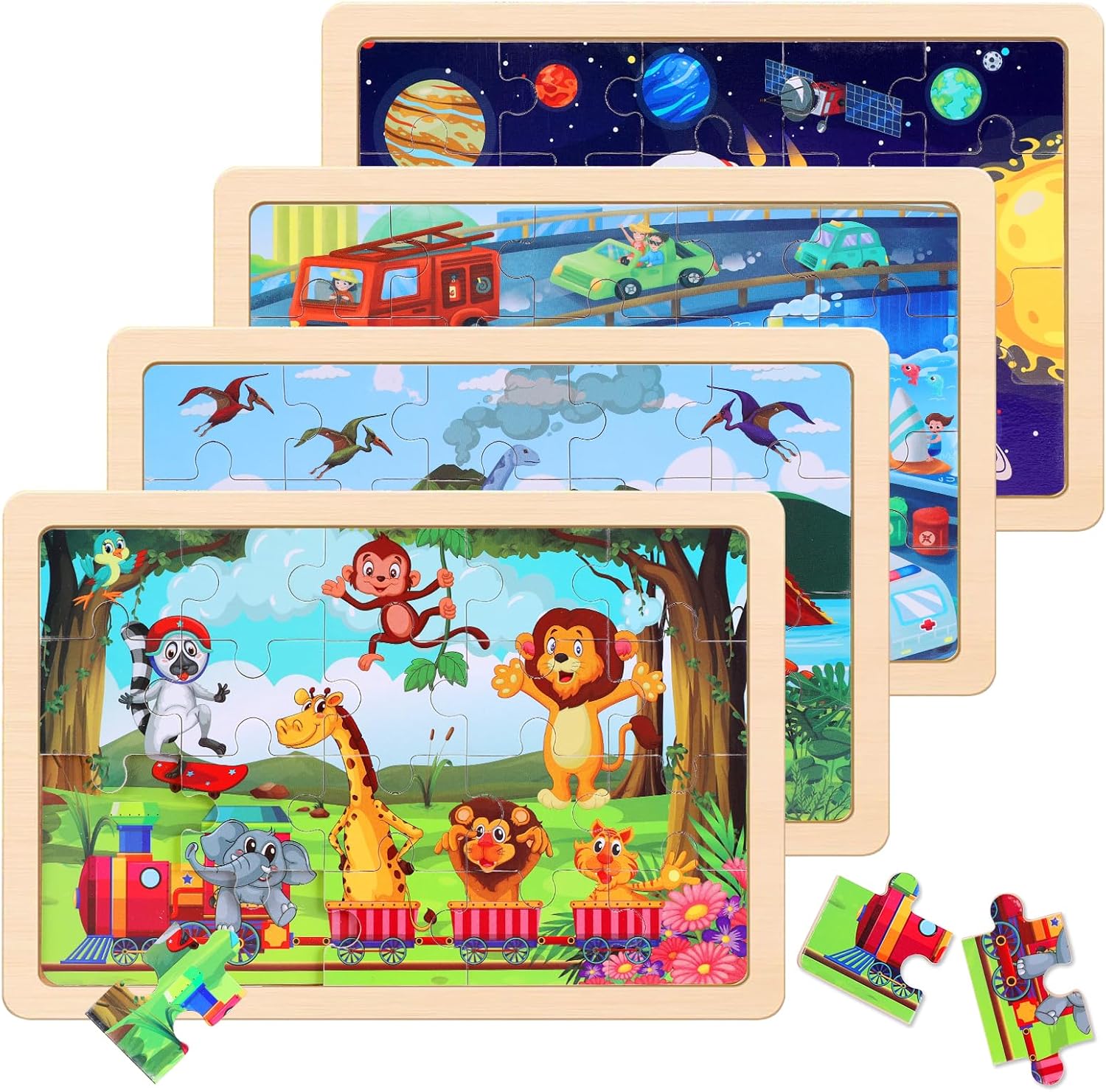 Wooden Educational Jigsaw Puzzles for Preschool Kids Ages 3-5, 4-Pack 