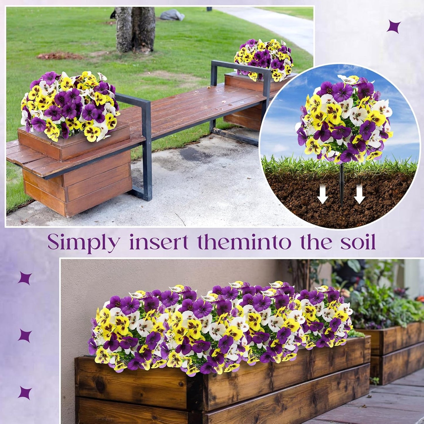 Retrowavy 4 Pcs Artificial Pansy Flowers for Outdoor, Artificial Topiary Boxwood Fake Silk Pansies Bushes for Spring Yard Garden Patio Porch Planters Pots Window Decor (8 x 16.5,Purple,Yellow,White)