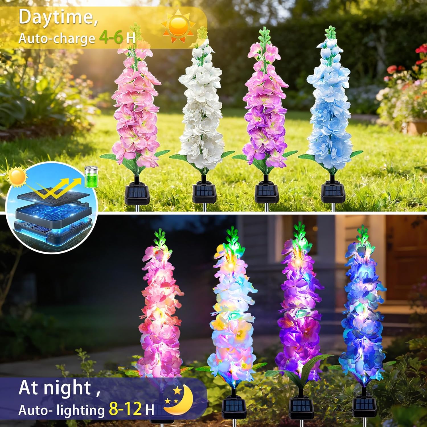 Solar Garden Lights, Solar Delphinium Flowers Lights 4 Pack 80 LEDs, W