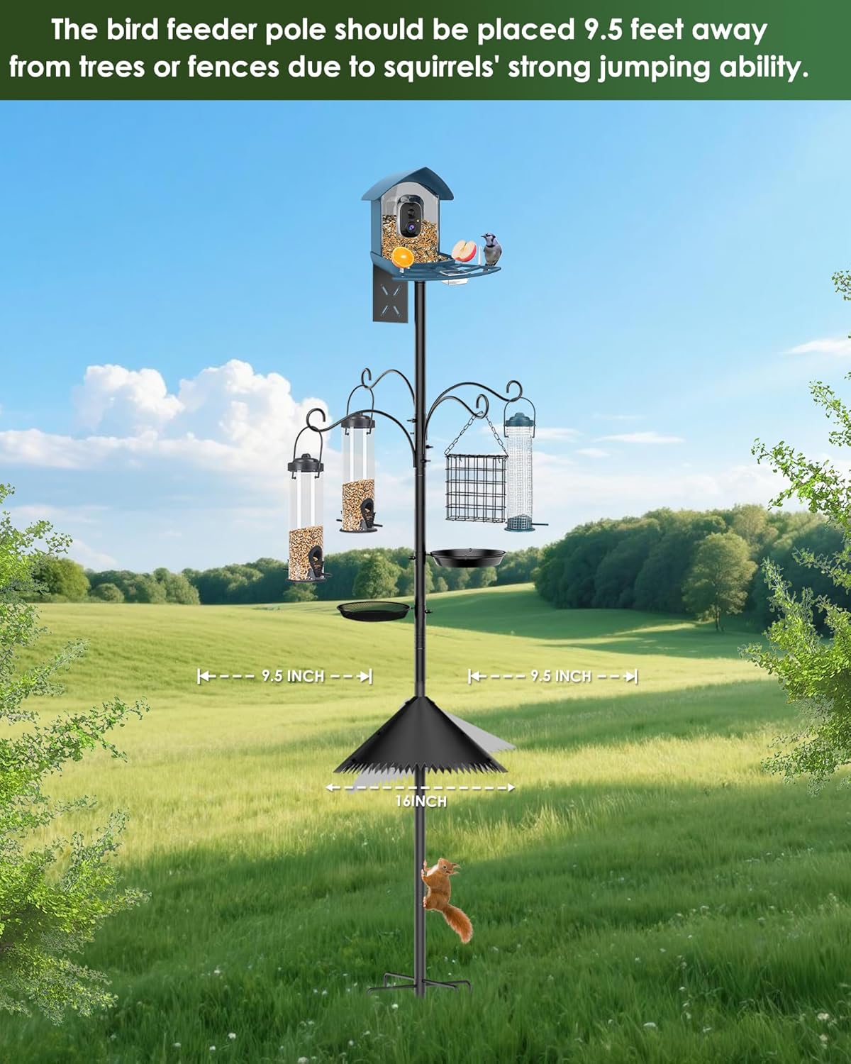Bird Feeder Pole, 92 inch Bird Feeder Station with Squirrel Proof Baffle,Heavy Duty Pole for Outdoor with 4 Hangers for Wild Birds Watching