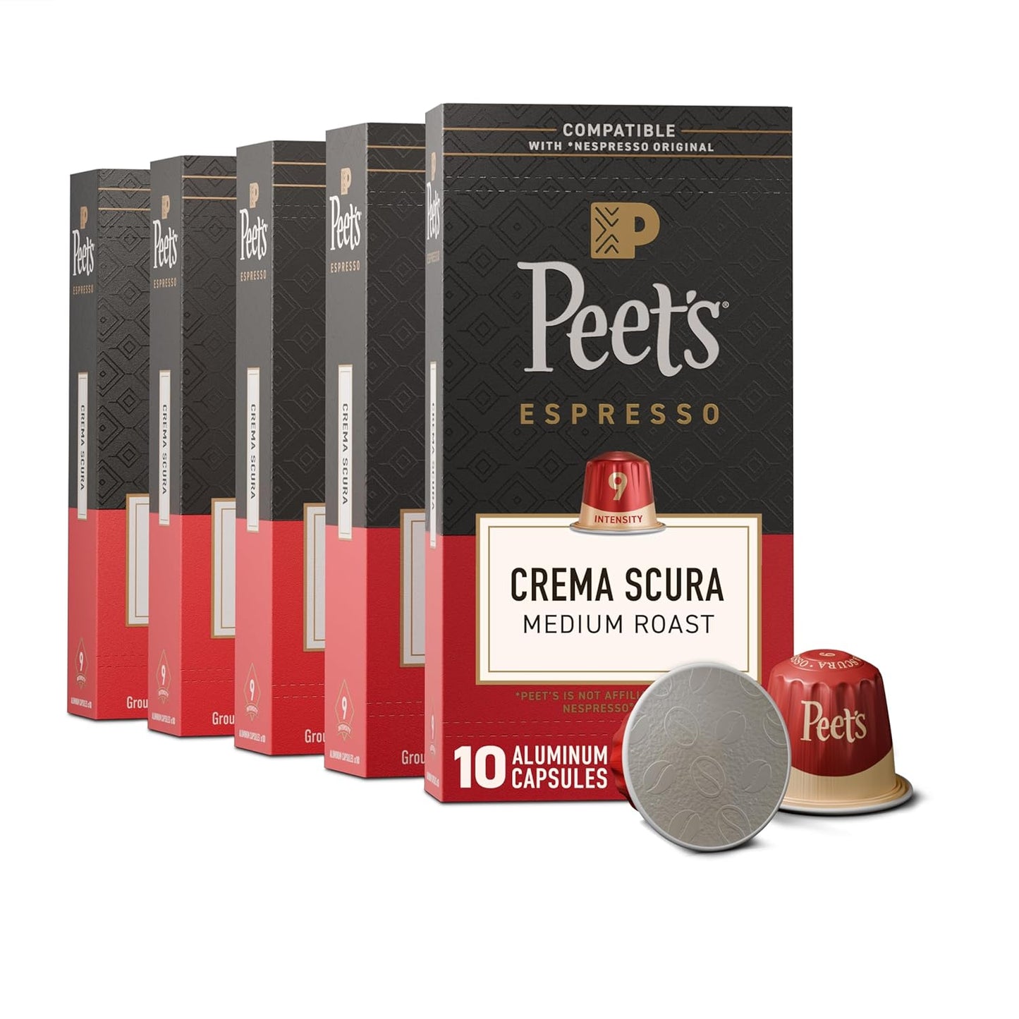 Peet's Coffee, Medium Roast Espresso Capsules, Compatible with Nespresso Original Machine, 100% Arabica Coffee - Crema Scura Intensity 9, 50 Count (5 Boxes of 10 Espresso Capsules)
