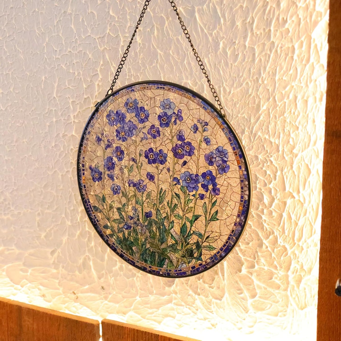 Forget-Me-Not Flower Stained Glass Suncatcher, 7.8 Inch Handmade Blue Floral Window Hanging Decor - Garden, Home Gift for Women, Mom, Grandma (Blue, Medium)
