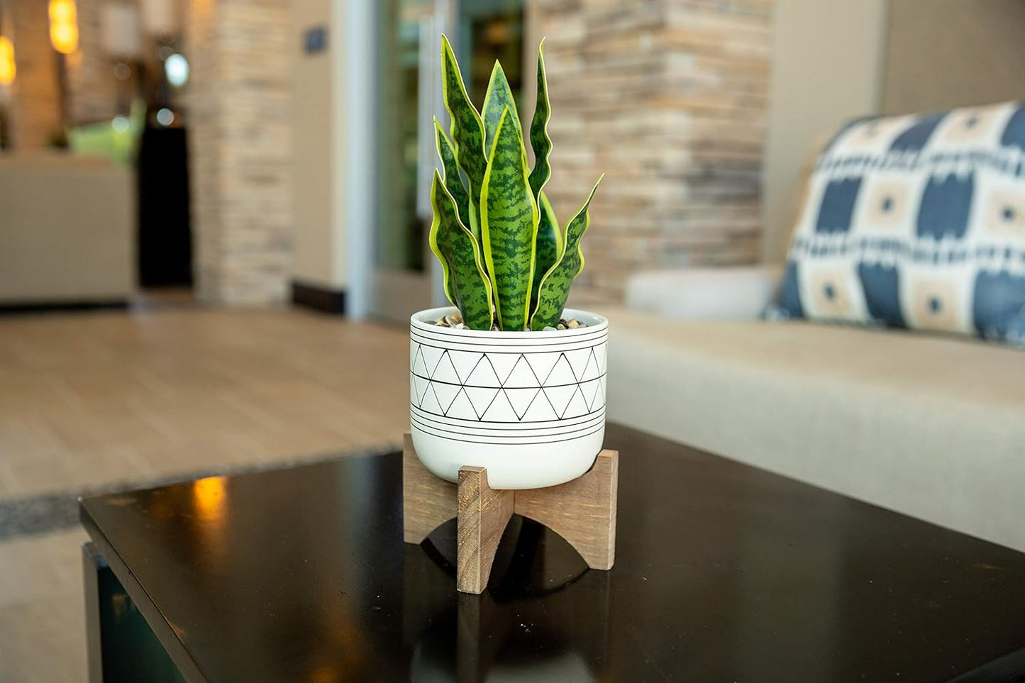 Flora Bunda Large 12" Realistic Looking Artificial Snake Plant in Geo Paint Ceramic Pot with Wooden Stand for Outdoor Indoor Home or Office Décor Artificial Plant, Fake Plant