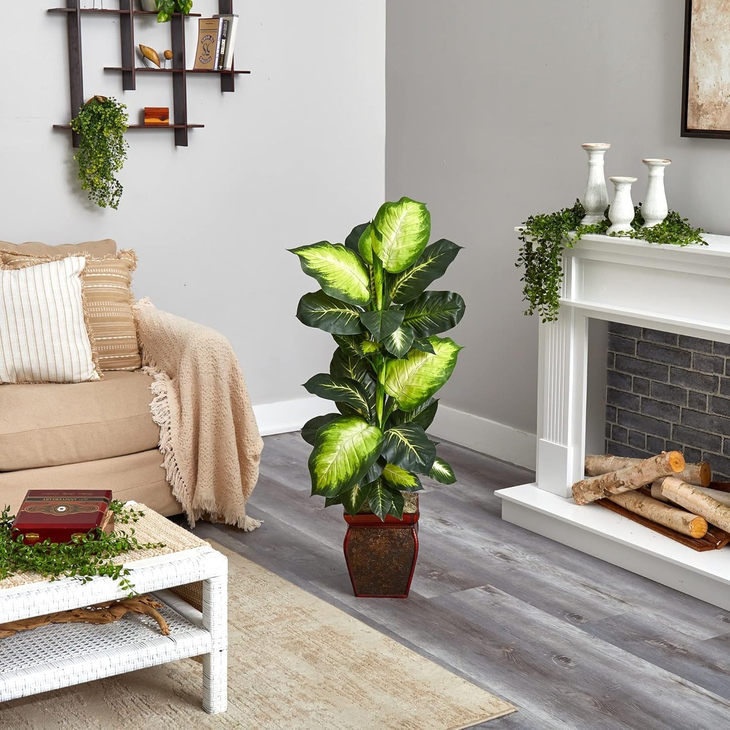 Nearly Natural Artificial Dieffenbachia, Floor Plant Faux Greenery With Decorative Planter For Indoor Home Decor