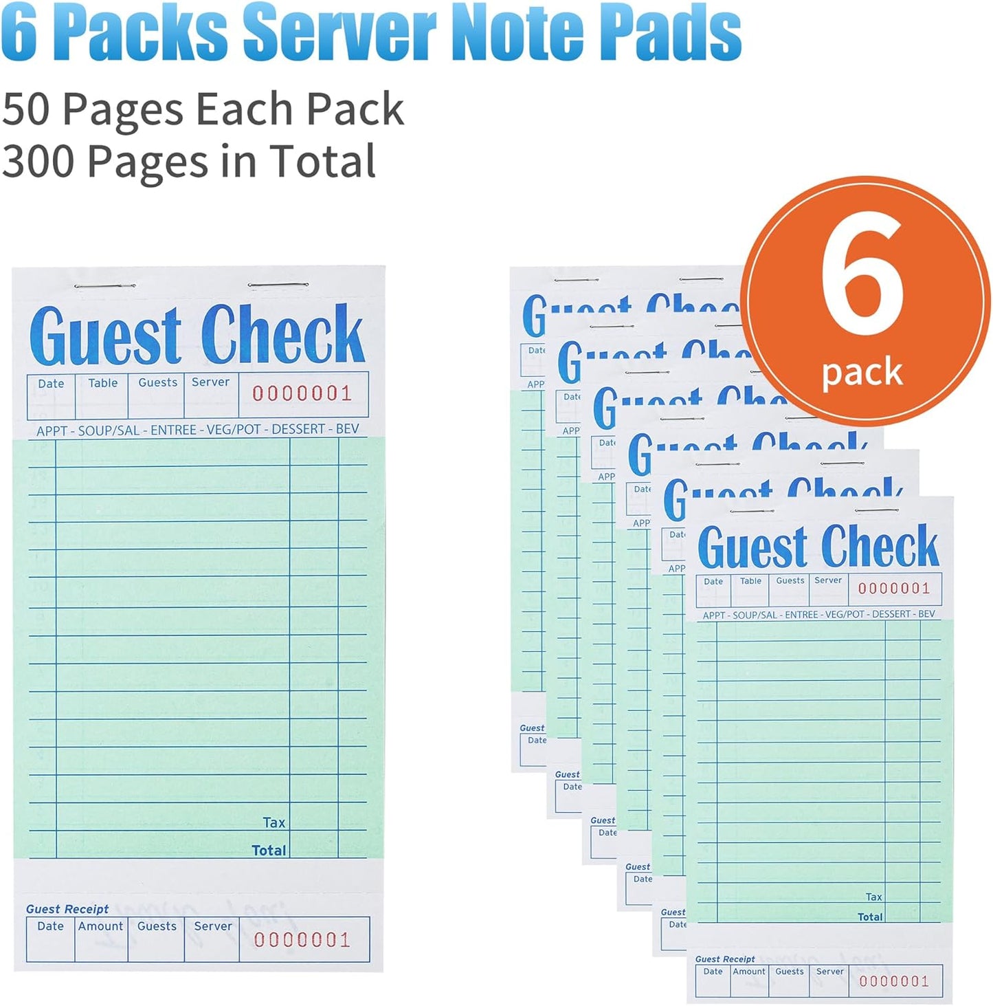6 Pack Guest Checks Books for Servers Server Note Pads, Waiter Checkbook, Waitress Notepad for Restaurants, Paper Checks 50 Sheets/Pack, 300 Total Tickets