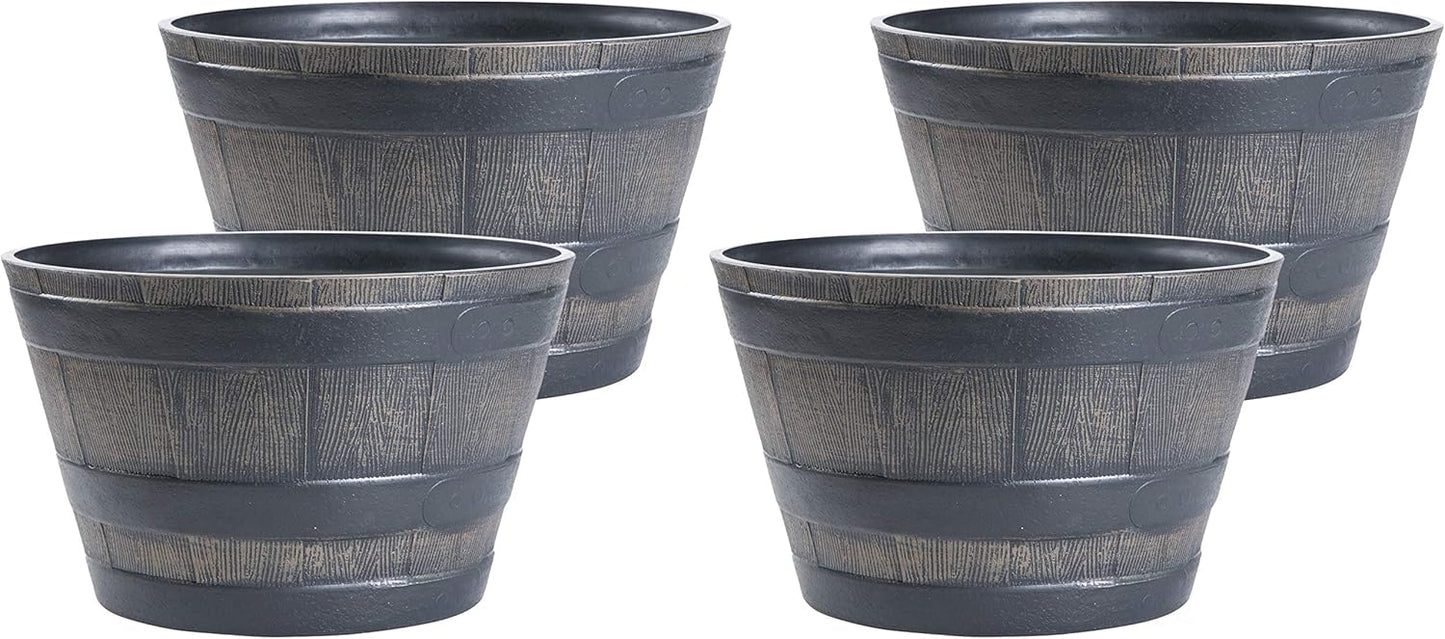 Gardenised Rustic Wood- Look Plastic Half Barrel Flower Pot Bucket Planter, Pack of 4