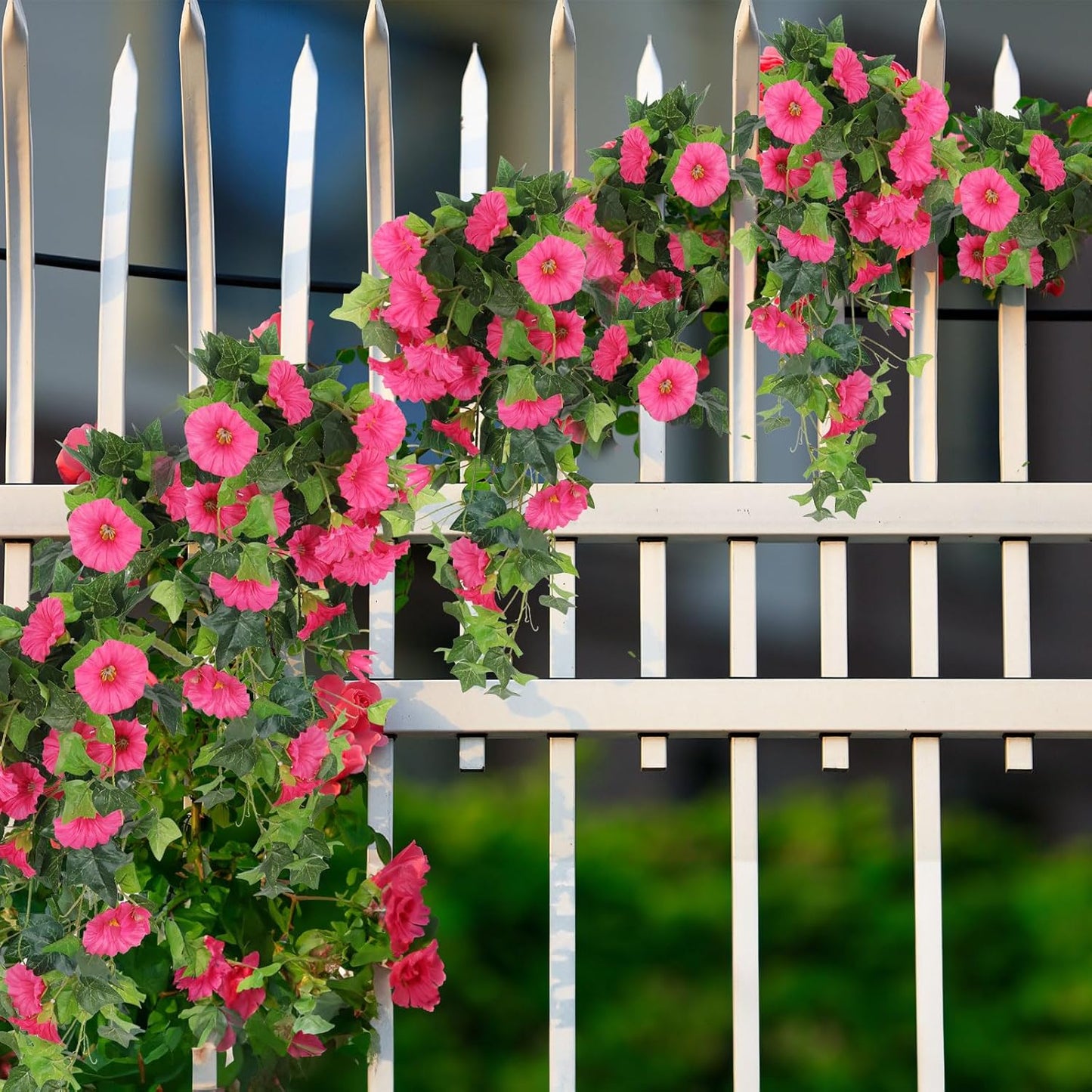 RECUTMS 2 Pcs Artificial Silk Fake Hanging Flowers for Outdoors, 18In UV Resistant Faux Petunias Trailing Plants Realistic Flower Look Real for Door Wall Yard Porch Garden Planter (Rose Red)