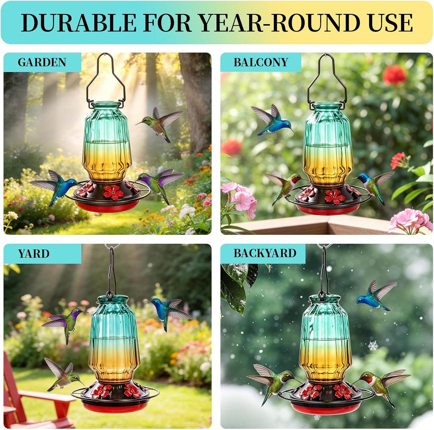 Glass Hummingbird Feeder for Outdoors Hanging, 16Oz Bird Nectar Feeder with Perch & 5 Flower Feeding Ports, Leak Proof for Outside Garden Decor Backyard, Gifts for Women Mom, Green