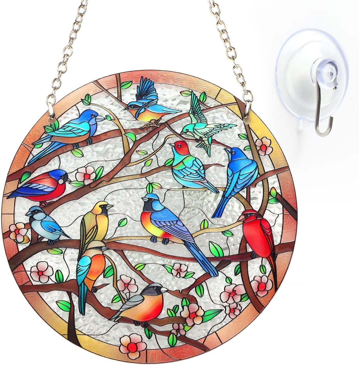 Stained Glass Window Hanging Suncatcher – Hand-Drawn Cardinal & Hummingbird Panel, Round Glass Ornament, Birds on a Branch Nature Decor, Colorful Gift for Bird Lovers, Family, and Friends (6 inch)