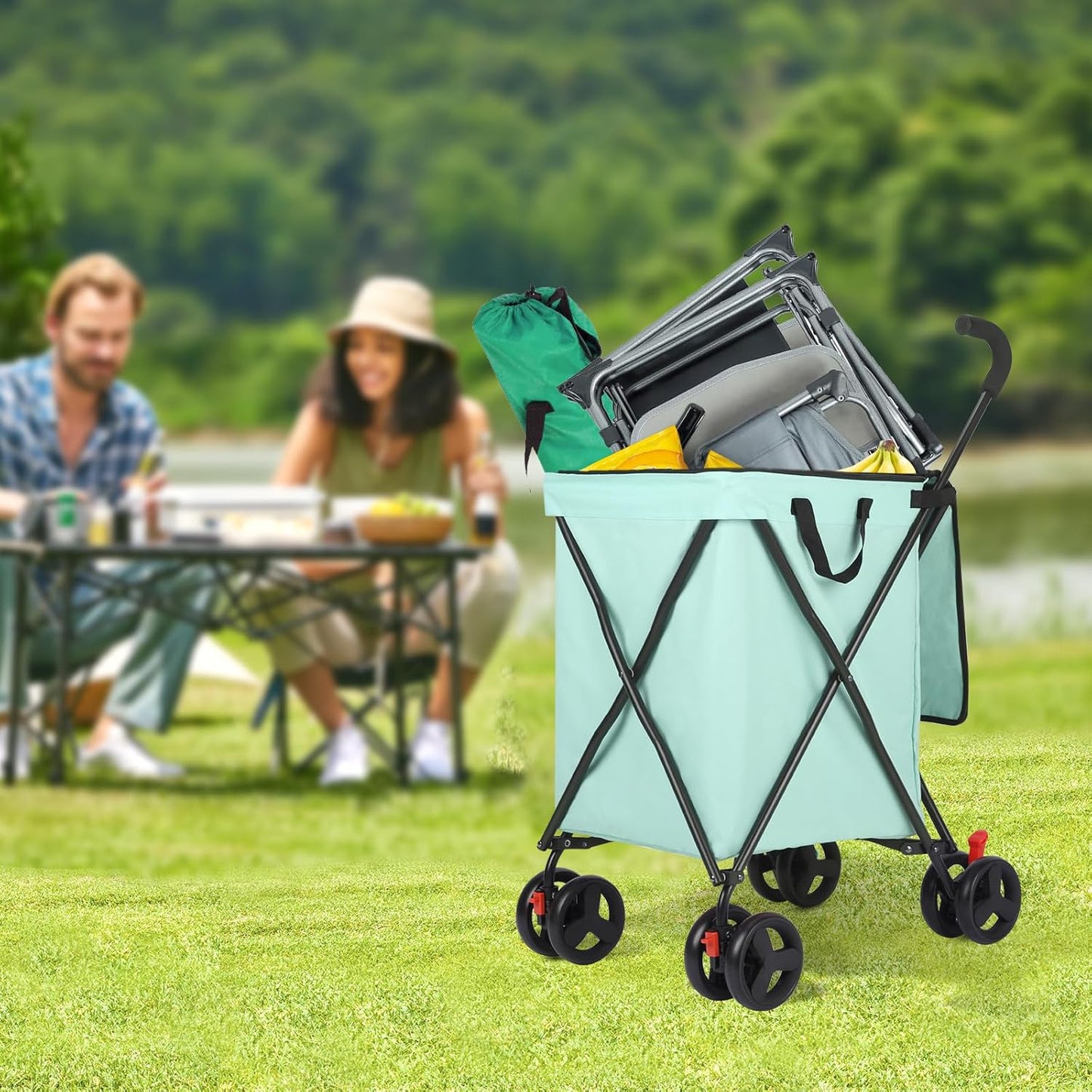 Folding Shopping Cart with Wheels, Rolling Foldable Grocery Cart for Seniors, Portable Collapsible Utility Cart for Shopping Groceries Laundry Stair Climbing Storage (Teal Blue)