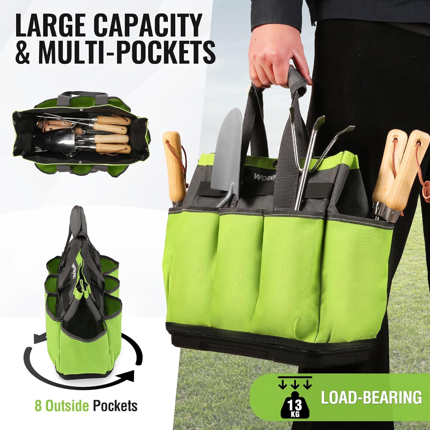 WORKPRO Garden Tool Bag with Waterproof Plastic Base, 8 Pockets Garden