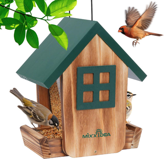 MIXXIDEA Bird Feeder for Outdoors Hanging, Wooden Bird Feeder House with Weatherproof Roof & Metal Tray, Attracting Wild Birds for Outside, Yard, Garden Decoration, Green