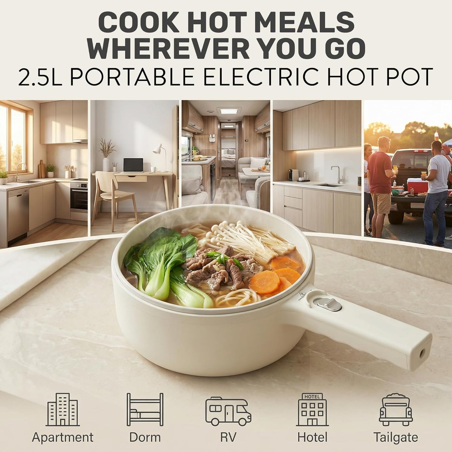 PRO 2.5L Electric Hot Pot with Lid & Steamer, All in 1 Non Toxic Ceramic Cooker Skillet Hotpot and Deep Fryer Pot for Ramen, for Dorms, Camping, RVs, Adjustable Temp. - New Improved 2026 Model