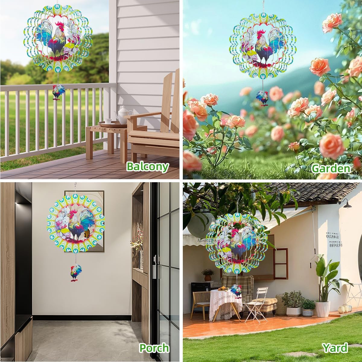 Wind Spinners Outdoor, FACIACC Rooster Metal 3D Hanging Garden Decor, 12-inch Stainless Steel Wind Spinner with Tail Spinner, Wind Sculptures for Indoor Patio Lawn Yard, Ornament Gift for Women/Men