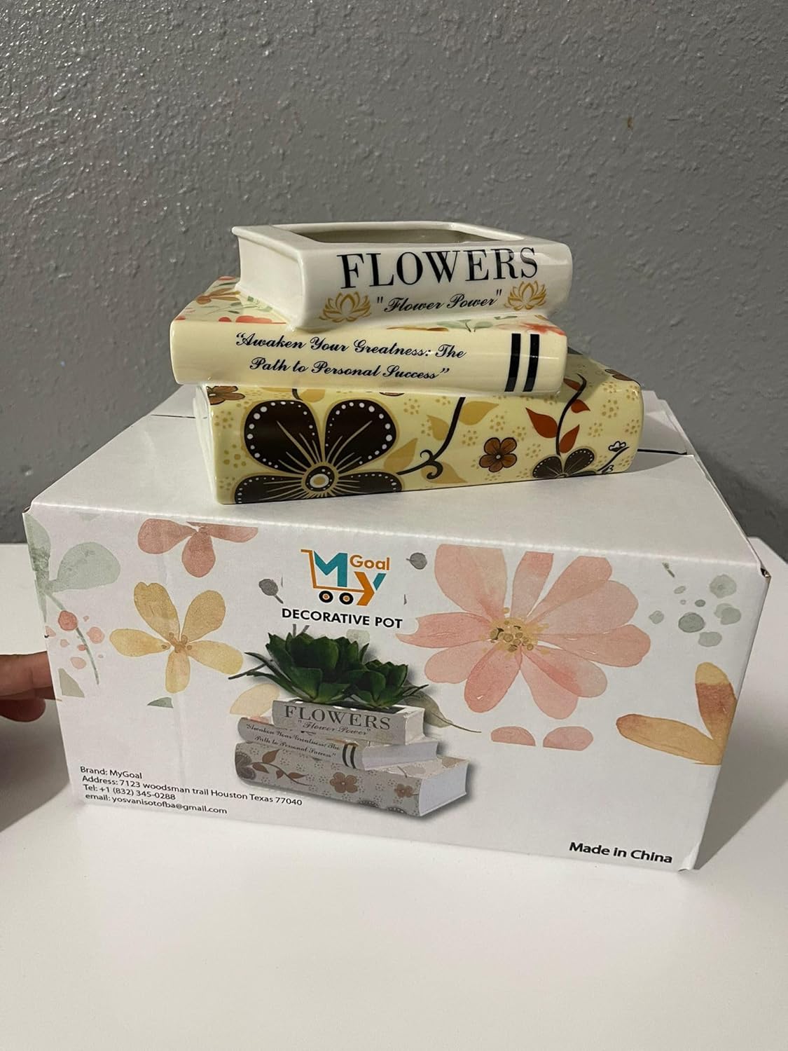 MyGoal Decorative Book Vase – Ceramic Flower Pot with Drainage Hole, Multicolor Tower Design, Small Size for Table, Desk, Shelf, Gift for Book Lovers