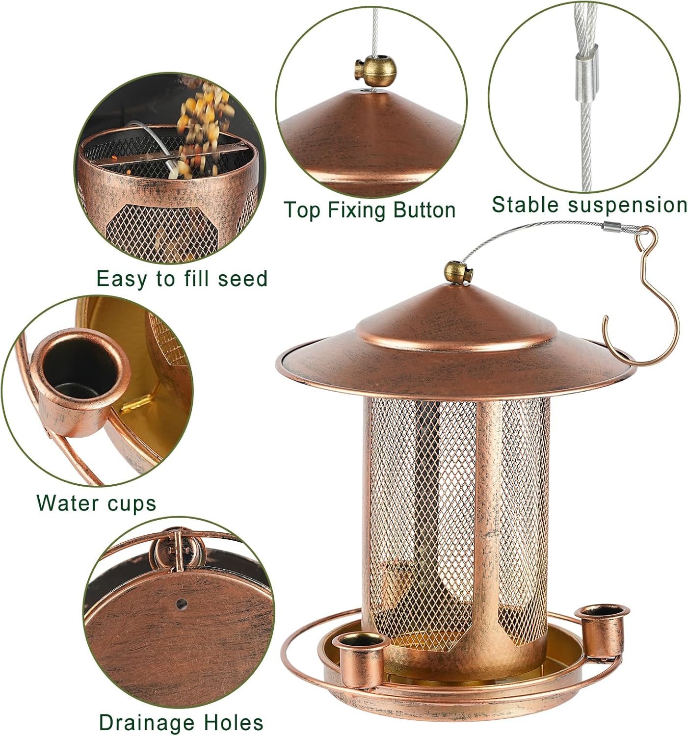Bird Feeder,Heavy Duty Bird Feeders for Outdoors, Metal Squirrel Proof with 3 Extra Feeding Ports,4 LB Large Capacity Wild Birdfeeder for Outside Hanging Garden Yard Backyard