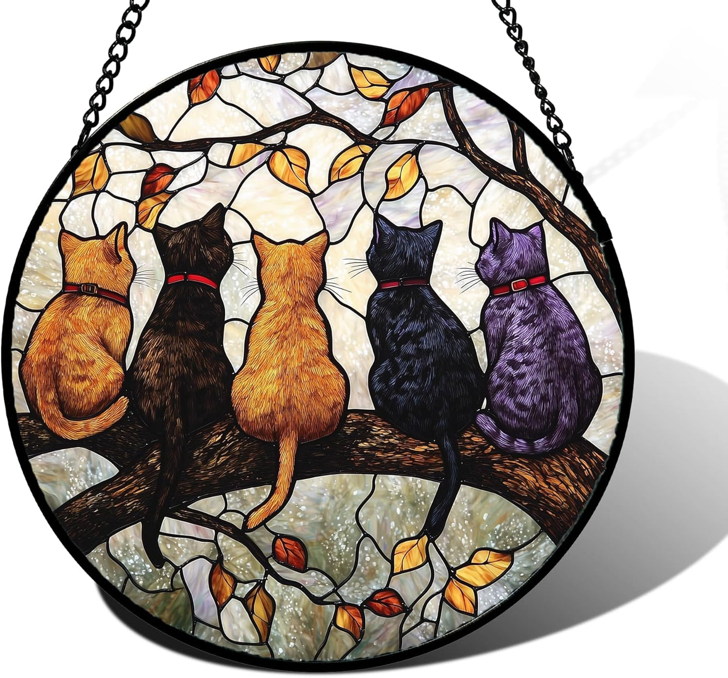 Stained Glass Window Hanging - 5 Cats on a Branch Suncatcher for Windo