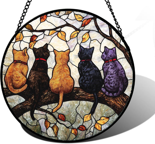 Stained Glass Window Hanging - 5 Cats on a Branch Suncatcher for Windo