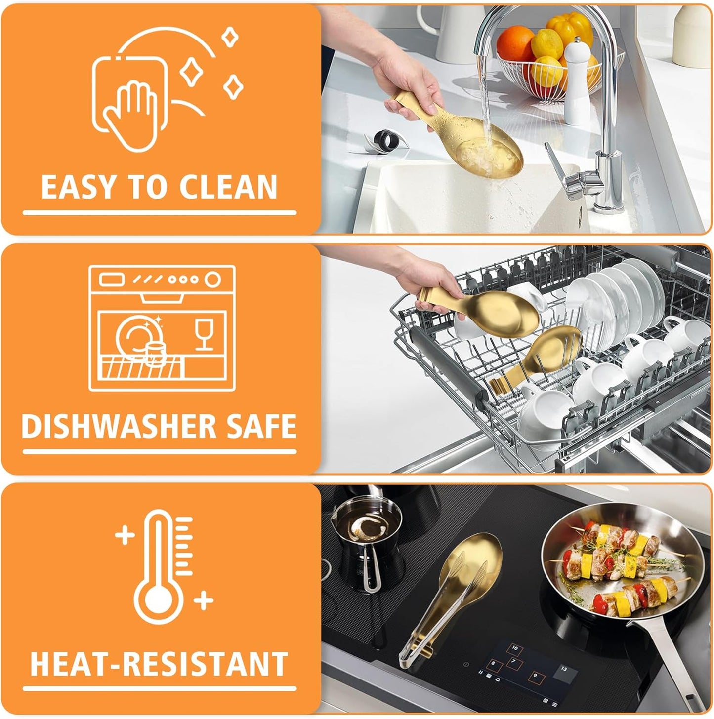 Stainless Steel Spoon Rest, Spatula Ladle Holder, Stainless Steel Utensil Spoon Rest Holder, Brushed Finish, Dishwasher Safe 9.8 x 3.7 Inch (Gold 1PC)