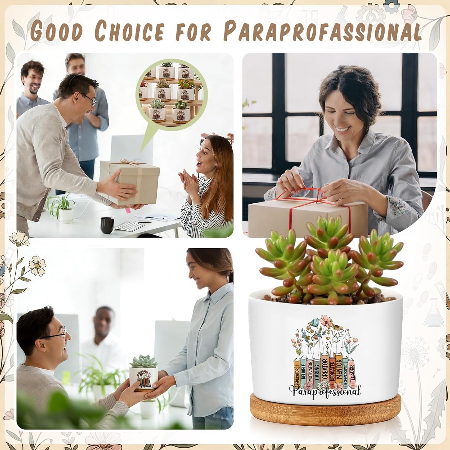 12 Pcs Paraprofessional Appreciation Gifts Succulent Planter Pots Ceramic Mini with Bamboo Trays Bulk for Coworker Office Staff Birthday Graduation Gifts, Plants Excluded