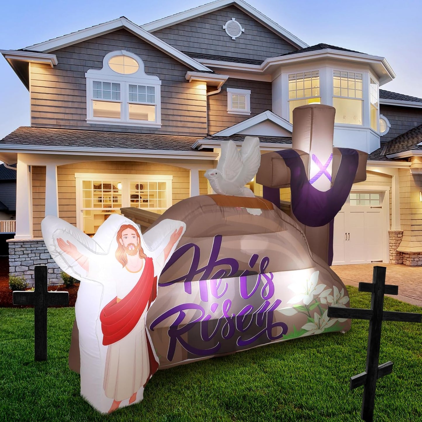 Shappy 7.2 FT Long Easter Inflatables Outdoor Decorations He is Risen Inflatables Blow Up Yard Decorations with Cross LED Lighted Christian Jesus for Outdoor Holiday Yard Garden Lawn Party Decoration
