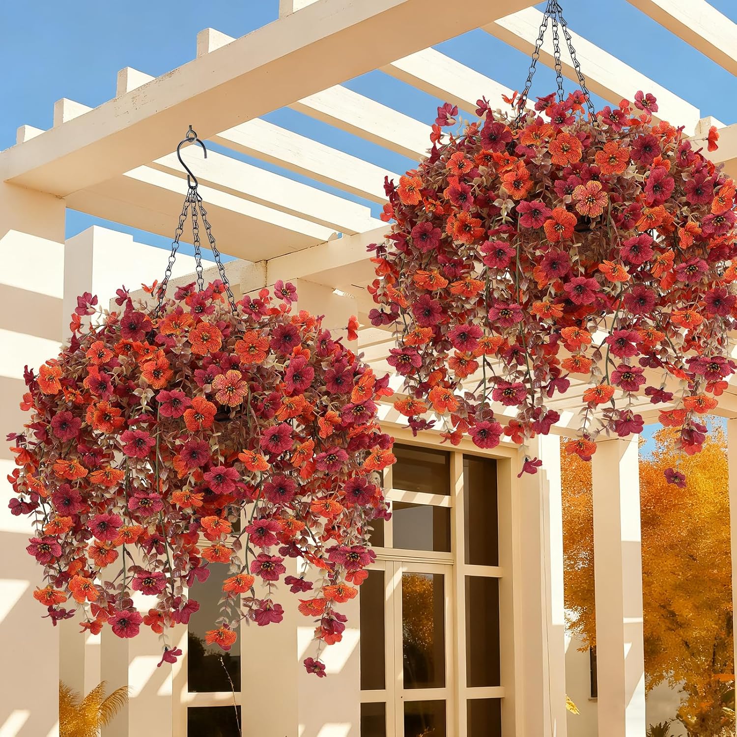 Geegoods Artificial Flowers for Outdoors, 2 Set Faux Hanging Mums Bask