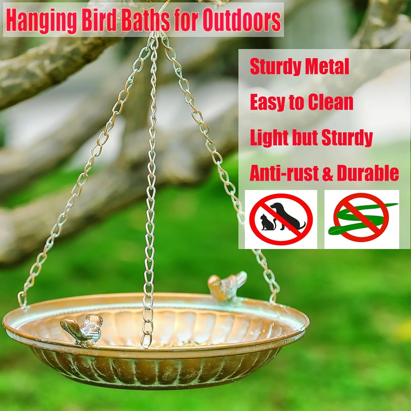 Hanging Bird Bath for Outdoors - 16" Copper Bird Bath Basin | Bird Bath Bowl for Garden, Backyard, Patio Decoration