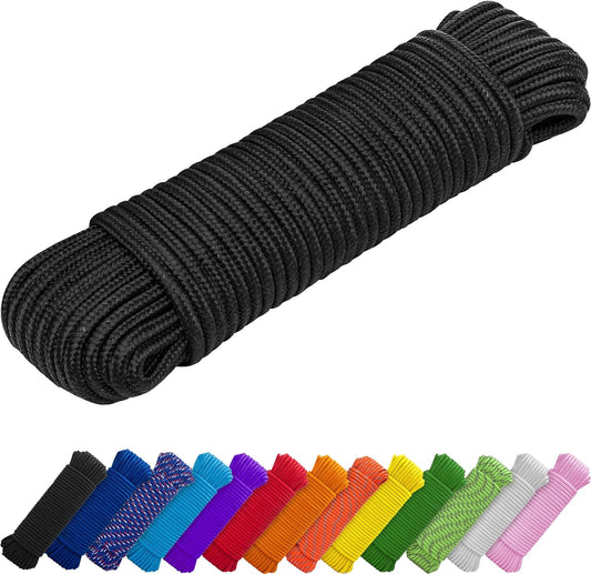 TECEUM Rope – 1/4” & 3/8” – 90 FT | 150 FT – Strong All-Purpose Utility Rope – Camping, Crafting, Flag Pole, Indoor & Outdoor – Polypropylene Nylon Poly Lightweight Diamond Braided Cord – Black