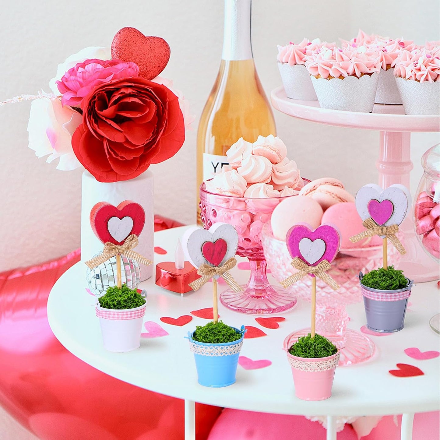 4 Pcs Valentines Heart Pot Wood Decoration, Mini Rustic Candy Heart Potted Sign, Artificial Valentine's Day Plant Potted Tabletop for Centerpiece Tiered Tray Decor Gifts