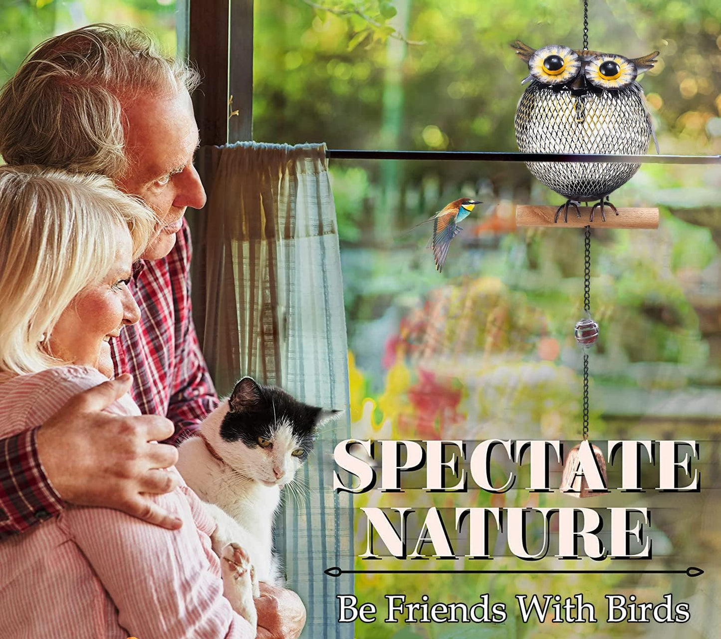 Solar Owl Bird Feeder Squirrel Proof for Outside - Unique Cute Metal Animal Shaped Wild Bird Feeder with Solar Light, Wind Chime, Gift for Bird Lovers(Owl)
