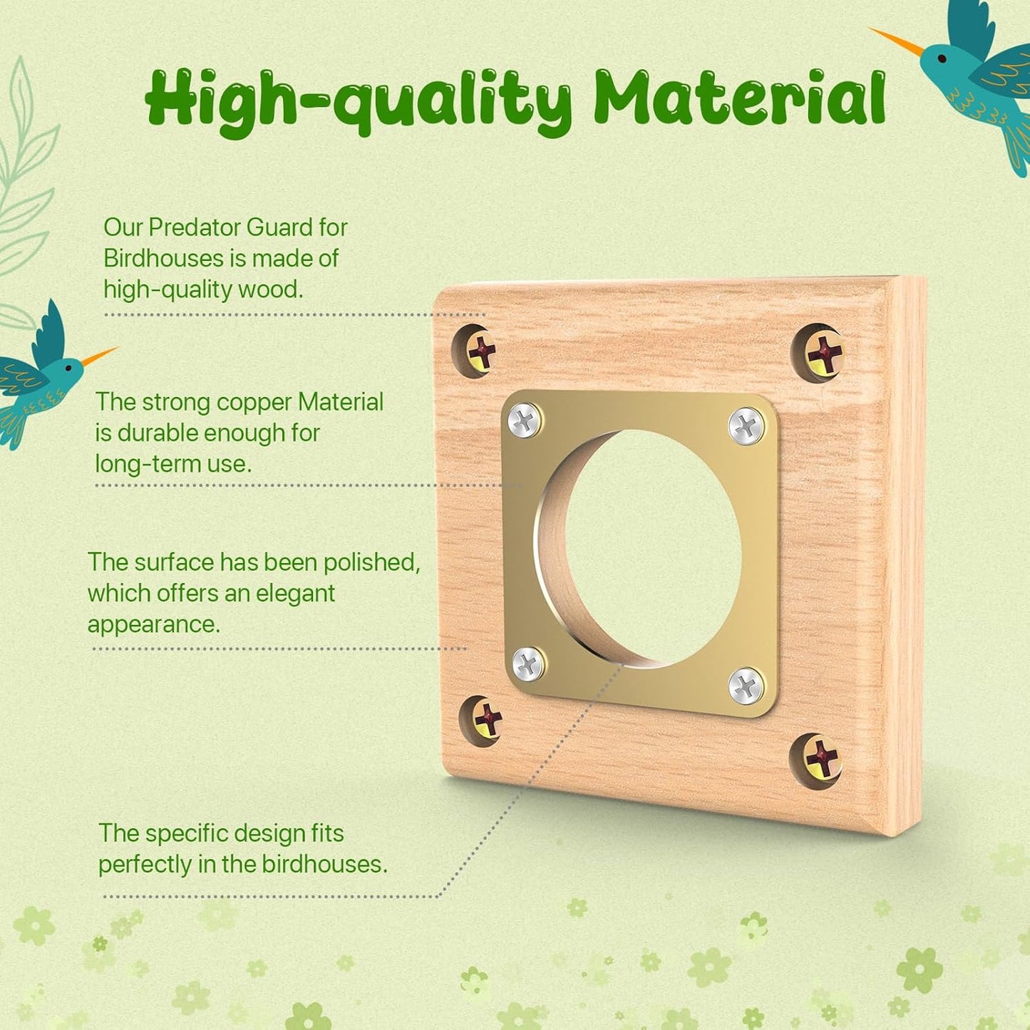 4 Pack Predator Guards for Birdhouses, Strong Wooden Birdhouse Protector Guards with Copper Portals, Birdhouse Hole Protector Guard Replacement for Eastern Bluebird Houses, 1 1/2 Inch Opening