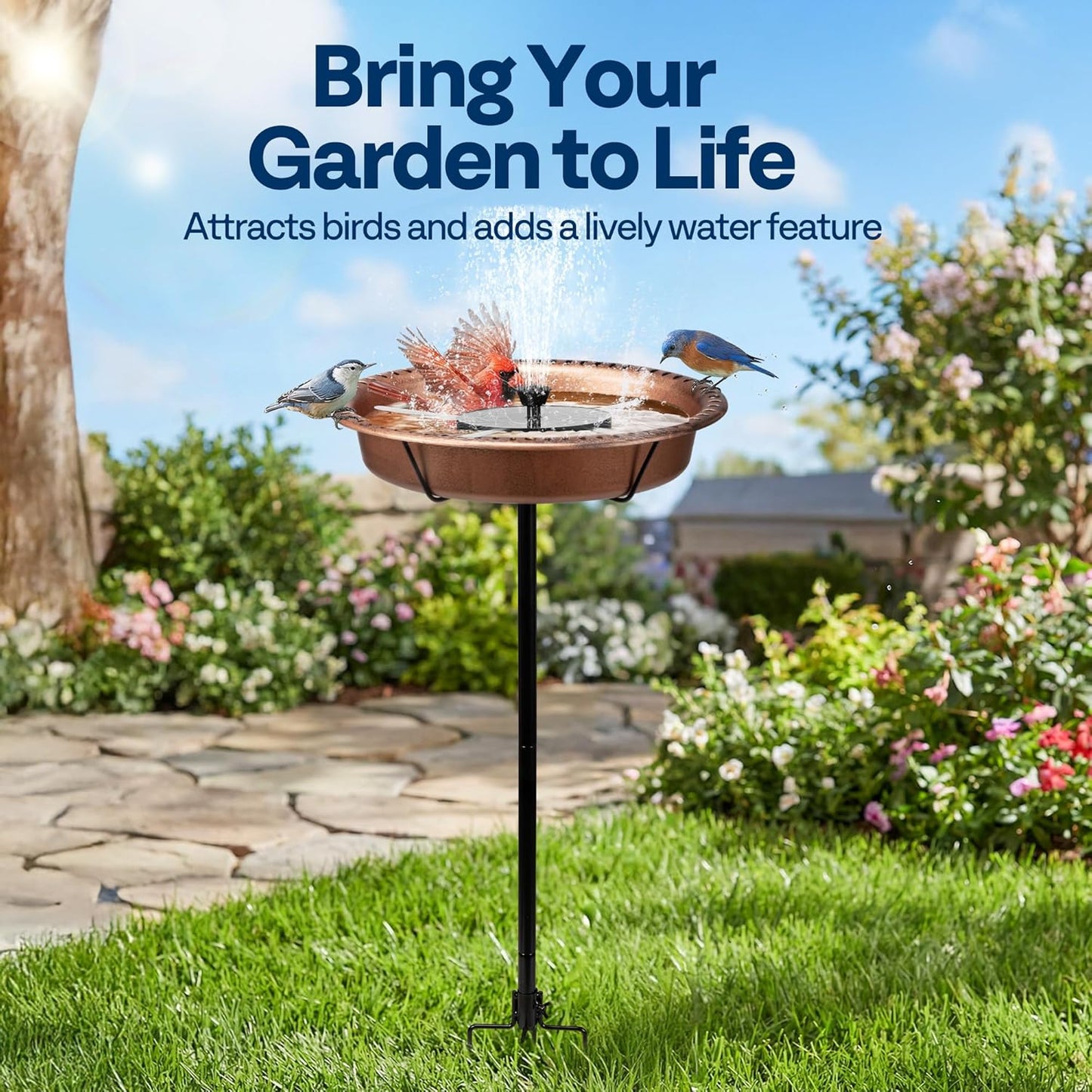 VIVOHOME Oval Bird Bath with Solar Fountain for Outside, Weather-Resistant ABS Birdbath Bowl with Solar Powered Pump, Metal Ground Stake for Outdoor, Garden, 1.3 Gallons, Bronze