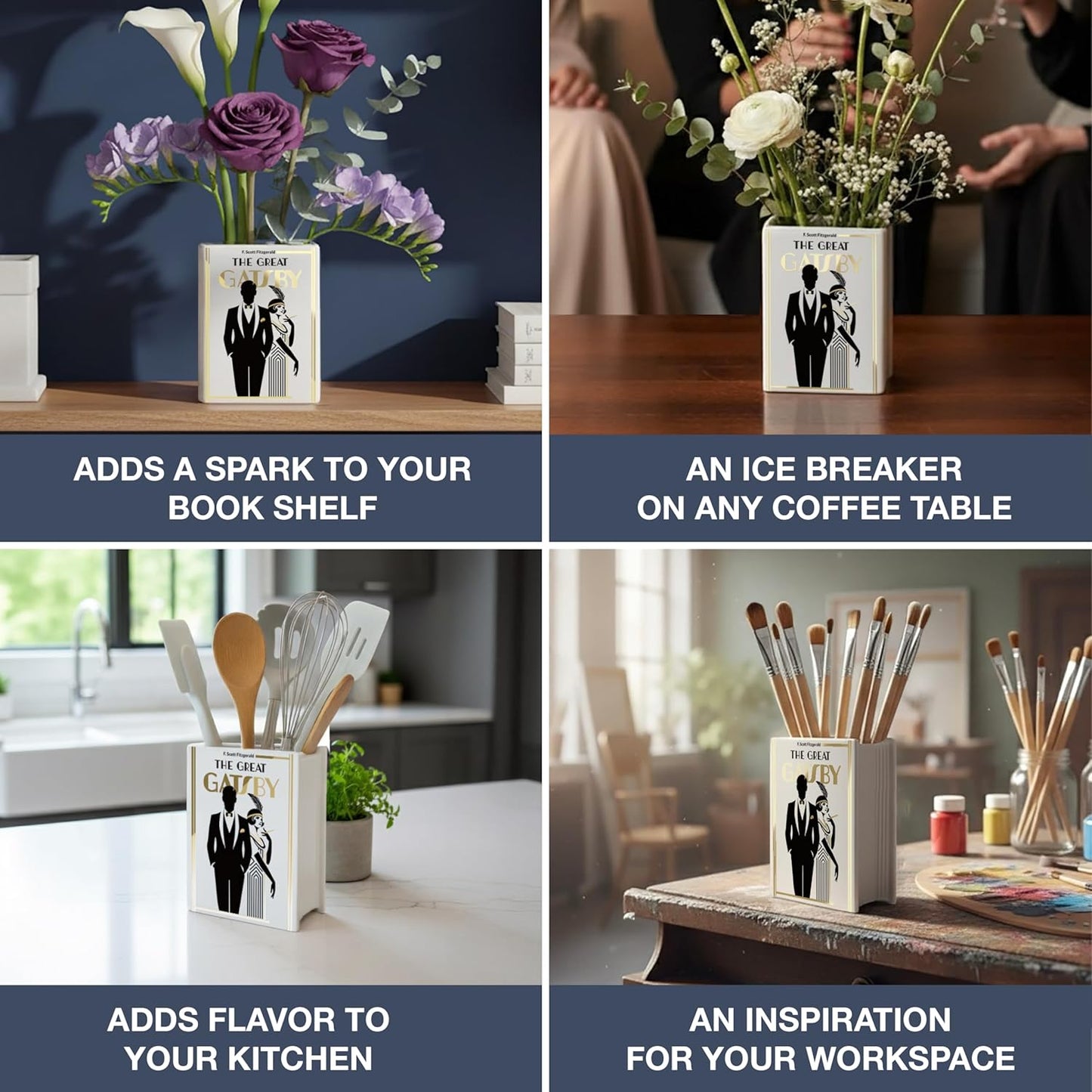 Hazel & Harold's H&H The Great Gatsby Book Vase for Flowers + Bookmark + Gold - Medium Ceramic Planter Pot - Bookish Great Gatsby Decor - Book Lover Gifts - Art Deco - Roaring 20s decor