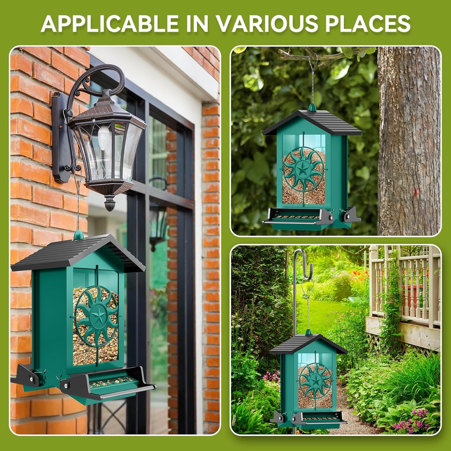Metal Squirrel Proof Bird Feeders for Outdoors Hanging with Weight Activated Perches, 5LB Large Weatherproof Wild Bird Feeders for Cardinals, Blue Jay, Finch, Durable Backyard Feeders -Green