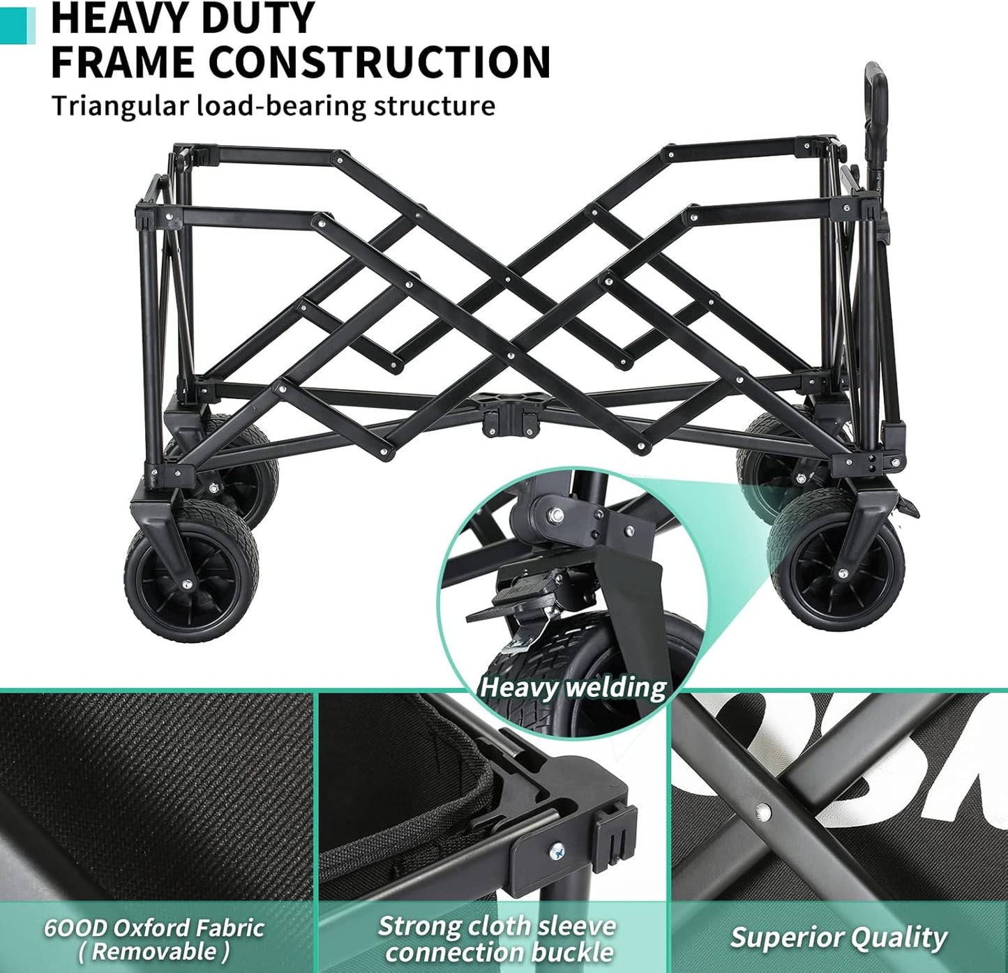EchoSmile Collapsible Folding Wagon Cart with Compact Storage - 400LBS Capacity All Terrain Utility Cart for Camping, Beach, Grocery, Gardening (Black)