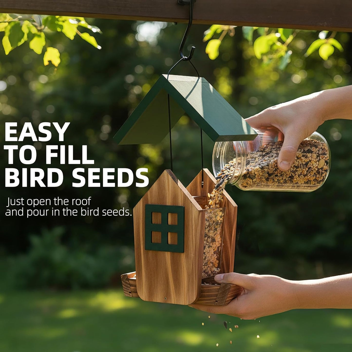 MIXXIDEA Bird Feeder for Outdoors Hanging, Wooden Bird Feeder House with Weatherproof Roof & Metal Tray, Attracting Wild Birds for Outside, Yard, Garden Decoration, Green