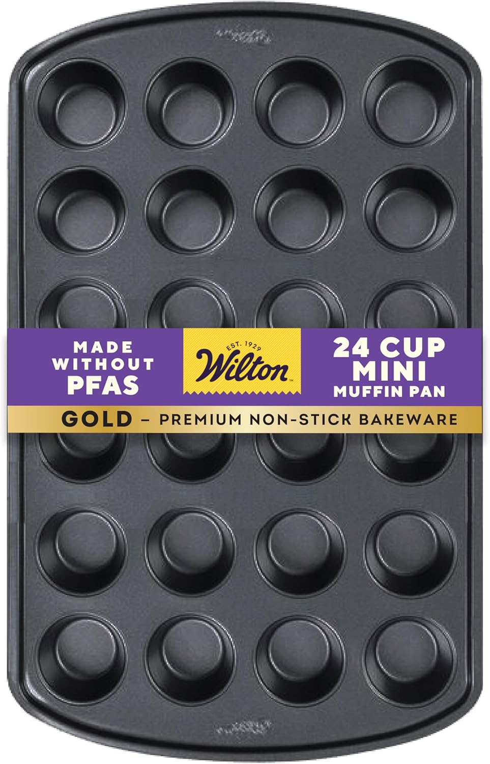 Wilton Gold Non-Stick 24-cup Muffin Pan, Cold-Rolled Steel Bakeware, Made without PFAs, 16 x 10 x 1 in., Packaging may Vary