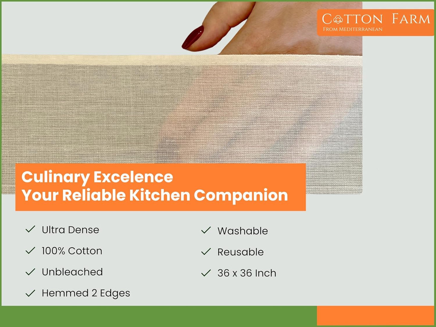 Cotton Farm Grade 100 XL Cheese Cloth for Straining & Cooking; 36x36 Inch; 100% Unbleached Cotton Cheesecloth; Reusable with Finished Edges, Butter Muslin