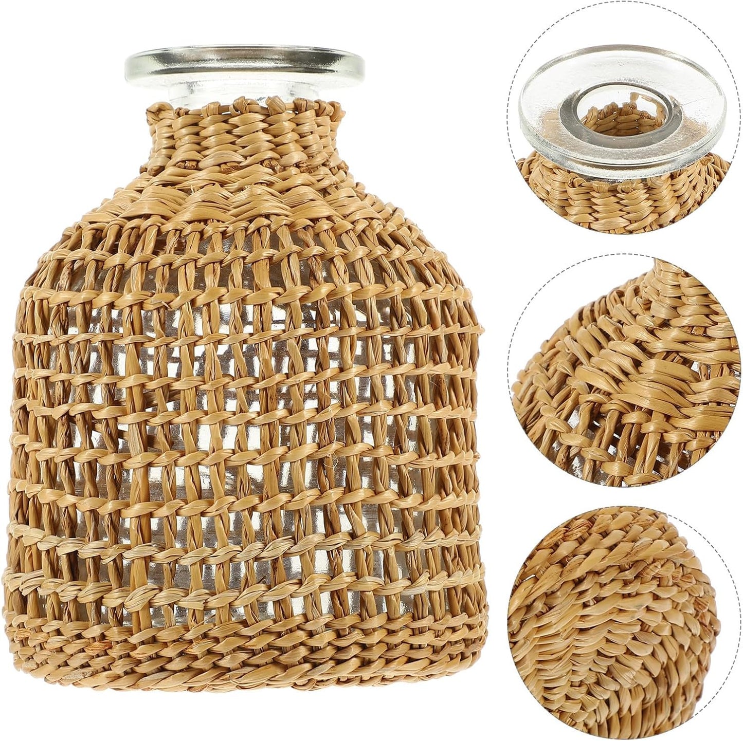 PRETYZOOM Woven Rattan Flower Vase with Glass Insert, Handcrafted Japanese Style Decorative Planter Pot for Home Décor, Living Room Table Centerpiece, Rustic Boho Plants Container